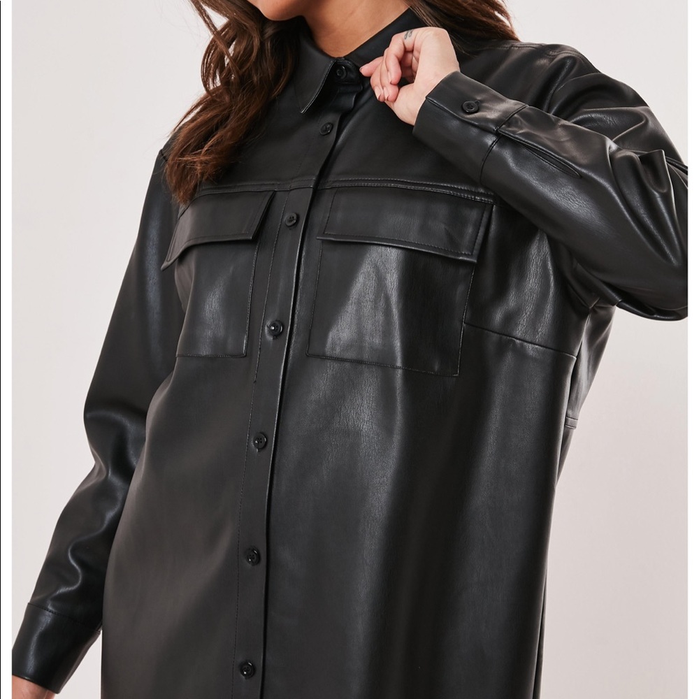 Black faux leather oversized shirt dress
